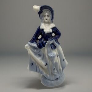 Vintage Occupied Japan Delft Blue Colonial Lady w Umbrella Porcelain Figurine